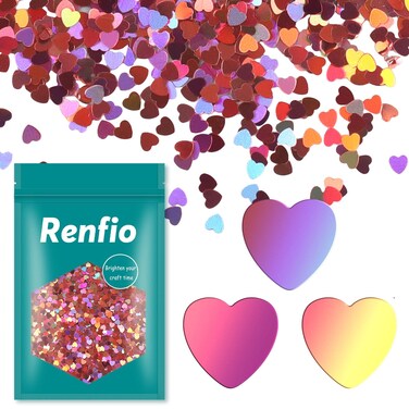 Renfio 1.75 Oz 50g Holographic Loving Heart Shape Shiny Glitter Love Confetti Sequin Glitters Resin Sparkle Chunky Sequins for DIY Mold Art Nail Artwork Holiday Decoration - Laser Pink