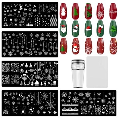 JCAKES 5Pcs Christmas Nail Stamp Snowflake Stamping for Nails Festival Nail Stamping Plates Nail Design Stamp Nail Art Template Acrylic Nail Tools with Nail Stamper, Scraper