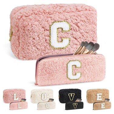 YOOLIFE Personalized Initial Makeup Bag, Letter Cosmetic Bag Travel Toiletry Bag Birthday Gifts Bride Gifts Girlfriend Gifts Wedding Gifts Daughter Gifts Sister Gifts Valentines Day Gifts (Pink C)