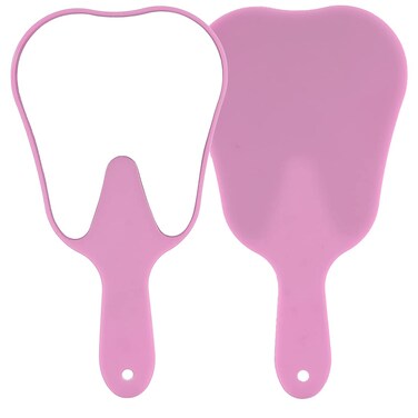Cute Tooth Shaped Plastic Hand Mirrors - Dental Handheld Mirror High Definition Makeup Mirror with Handle Dental Office Decorations with A Hole for Oral Clinic Salon Barber (Pink)