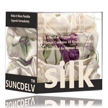 Suncdelv Silk,100% Silk Scrunchies for Hair,22 Momme Hair Ties for Anti-Crease &amp; Breakage,Natural Women Hair Accessories，Fashion Hairbands 3PCS（Flower）