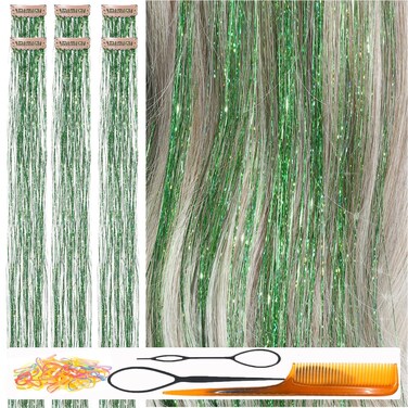 Hair Tinsel Clip In Heat Resistant 24" Green Tinsel Hair Strands for Party Cosplay Halloween Very Cute for Kids Girls