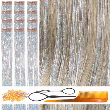 Clip In Hair Tinsel Silver 24 Inch 80 Strands/Pcs Tinsel Hair Extensions Christmas New Year for Kid Girl(24 Inch Pack of 12Pcs, Laser Silver)