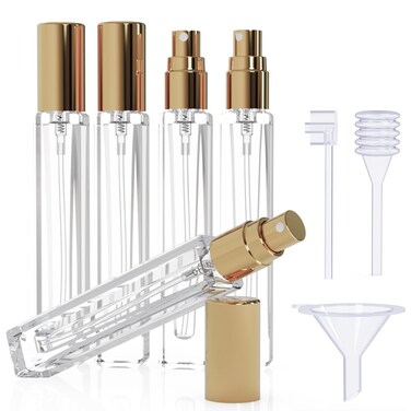 5PCS Cologne Perfume Atomizer Empty,10ML Mini Perfume Bottles Refillable With Dispenser Tools, Pocket Perfume Spray Bottle Atomizer for Travel and Sample Container (Transparent+golden cap)