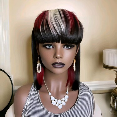 FCHW Short Straight Bob Wig Pixie Cut Wig With Bangs Non Lace front Cheap Wig Black Layered Pixie Cut Bob Wig