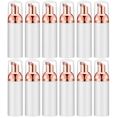 2 Oz Empty Foam Pump Bottle (12PCS) Travel Foaming Soap Dispenser for Hand Soap, Lash Shampoo Cleanser (White&amp;Rose Gold)