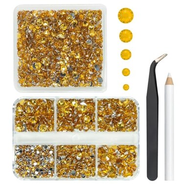 2 Boxes 3060PCS Golden Yellow Resin Rhinestones Crystal Golden Resin Stones Crystals Diamonds 2mm 3mm 4mm 5mm 6mm Non-Hotfix Gems Charms for Nails Body Face Eyes Makeup Tumblers Mugs DIY Crafts