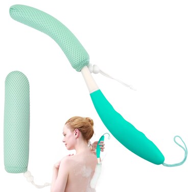 15.35" Back Bath Brush with Sponge,Back Scrubber Bath Mesh with Anti-Slip Curved Long Handle Bath Body Brush for Elderly Aid Bathing and Shower