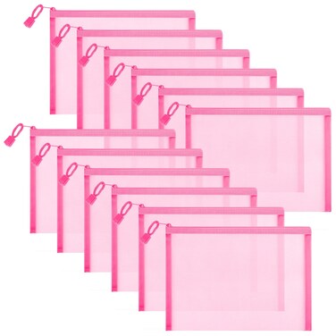 12 Pieces Zipper Nylon Mesh Pouch, Mesh Cosmetic Bags Makeup Bags Pencil Case, Multipurpose Travel Bags for Cosmetic School Office Supplies and Travel Accessories (Pink, A5)