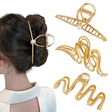 3 PCS Gold Metal Hair Claw Clips for Thick Long Hair, 4.3" Wave Cross Geometric Shape Non-slip Giant Crab Catch Barrettes Hairgrip, Trendy Elegant Women's Hair Accessories Headwear Gift
