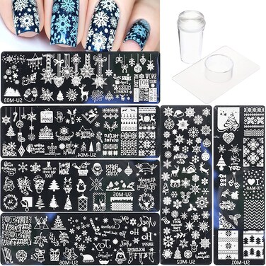 6Pcs Christmas Nail Stamp Template Kit 1 Silicone Stamper 1 Scraper Winter Snowflakes Nail Art Stamping Plates Xmas Snow Deer Bells Pine Tree Nail Stamping Image Stamp for Women Nail Art Supplies