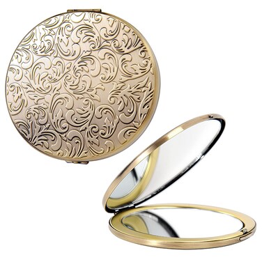 Oval Mini Portable Metal Folding Mirror, Beautiful and Elegant, Sturdy and Durable, 1X/2X Magnifier. (Oval Pattern Bronze)