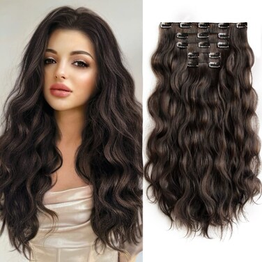 Dark Brown Wavy Clip in Extension 18" Long Synthetic Thick Clips on Hair Piece for Women 5PCS Curly Girls Natural Full Head Not Easily Knotted Extensions for Weddings Party Daily Use 5 Oz