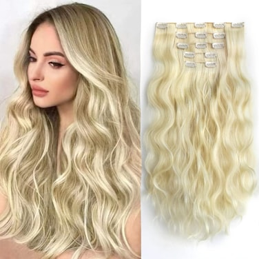 Blonde Clip in Extensions Wavy 18" Long Synthetic Invisible Thick Fake Clips on Hair Piece for Women 5PCS Curly Soft Natural Hairpieces Extension for Weddings Party Daily Use Full Head 5 Oz