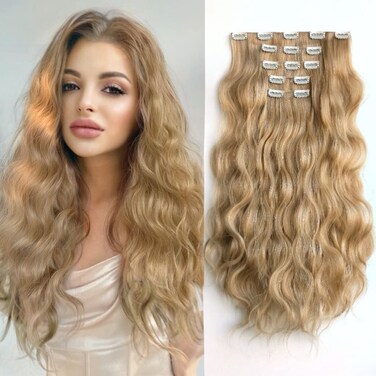 Clip in Extensions Blonde Wavy 18" Long Synthetic Fluffy and Not Tangled Clips on Hair Piece for Women 5PCS Curly Girls Natural Extension Weddings Party Daily Use Full Head 5 Oz