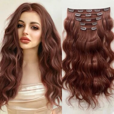 Copper Red Fake Clip in Hair Extensions For Women 18" Long Wavy Synthetic Invisible 5PCS Soft And Easy Installation Thick Curly Ins Hairpieces For Weddings Party Daily Use 5 Oz Auburn