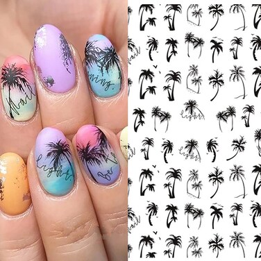 Summer Nail Stickers, 4PCS Palm Tree Nail Decals 3D Self-Adhesive Black Tropical Nail Art Stickers Summer Beach Nail Design for Women Girls