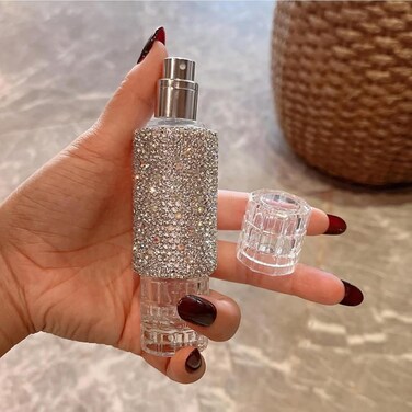 Luxury Rhinestone 30ML Refillable Perfume Bottle &ndash; High-End Portable Large Capacity Glass Spray Bottle with Aluminum Atomizer (Silver)