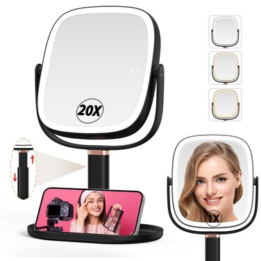 Mocado Makeup Mirror with Lights, 1X/20X Magnifying Mirror with Light, Vanity Mirror with 3 Colors Lights, Height Adjustable Lighted Makeup Mirror, Double Sided 360&deg;Rotation, Memory Function (Black)