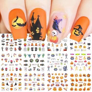 Halloween Nail Art Stickers, Cute Halloween Nail Decals Water Transfer Ghost Nail Stickers Colorful Bat Ghosts Skulls Pumpkin Witch Candy Holiday Nail Tattoo Stickers for Women Girls (12 Sheets)