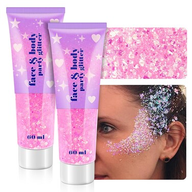 Body Glitter Gel, Holographic Face Glitter Gel Sequins Shimmer for Hair, Lip, Eyeshadow, Nails, Chunky and Powder Mixed Glitter Gel, Cosmetic Flakes Gel for Festival Makeup 120ml (Iridescent Pink)
