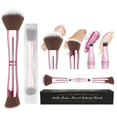 4 in 1 Makeup Brush, Travel Makeup Brush Set, All in One Makeup Brush &ndash; Powder/Blush Brush, Foundation Brush, Blending Brush and Eyeshadow Brush, Small Makeup Brushes,Compact &amp; Travel Essential