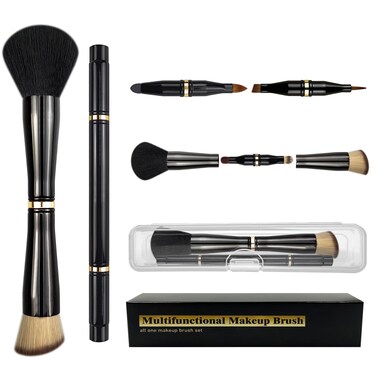 2 Pcs 4 in 1 Makeup Brush, Travel Size Makeup Brushes&ndash; Powder/Blush Brush, Foundation Brush, Blending Brush, Eye Makeup Brush &amp; Lip Brush, Small Makeup Brushes, Compact &amp; Travel Essentials.