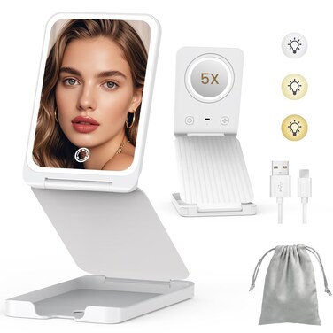 Travel Makeup Mirror with Lights, Portable 1X Vanity Mirror with 5X Lighted Magnification,72 LEDs 3 Color Lights, Rechargeable 1000mAh Battery, Freely Adjust Height and Angle