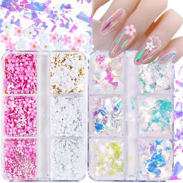 3D Flower Nail Charms, 2 Boxes Nail Decoration Kit with 3D Acrylic Nail Art Rhinestones, Holographic Iridescent Flakes Nail Foil, White Pink Mixed Cherry Blossom Nail Supplies