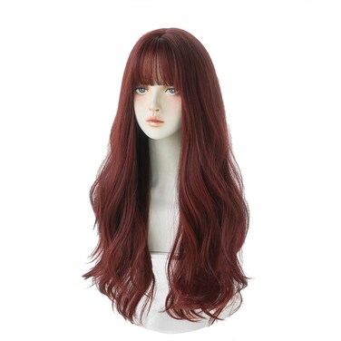 26 Inches Long Wavy Hair Wig for Women Natural Curly Burgundy Wig With Bangs Synthetic Heat Resistant Wigs for Daily Party Use(Wine Red)