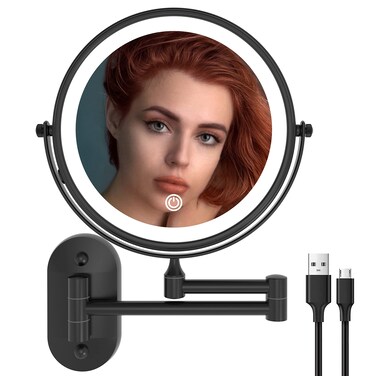 Ruacq Rechargeable Makeup Mirror Matte Black Double Sided Vanity Mirror with Lights Round 1x/10x Magnification 8 Inch Led Magnifying Mirror Stainless Steel and Zinc Alloy Modern Wall Mounted