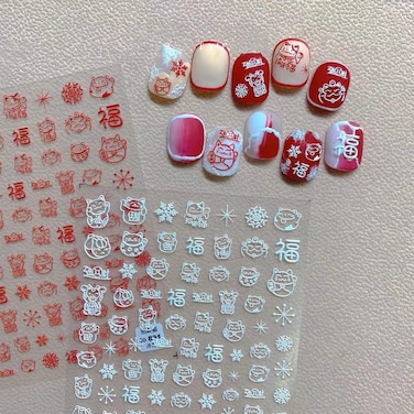 Dedyel 5D Embossed Cartoon Nail Art Sticker Lucky Cat Nail Stickers Cute Cartoon Self-Adhesive Nail Art Stickers for Women Girls Kids Nail Art Decoration