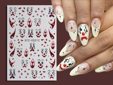 Spooky Clown Face Halloween Nail Sticker Creepy Clown Nail Art for Nail Art Stickers Self Adhesive Decals Fun Clown Face Nail Stickers (2 Sheets)