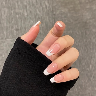 Medium Press On Nails Coffin, 24PCS Nude White Ombre French Fake Nails Kit with Nail Glue and Adhesive Jelly Glue, Gel Made Reusable Glue On False Nails for DIY Manicure at Home(Medium Coffin French)