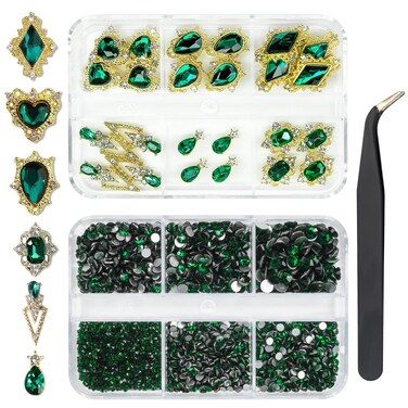 24pcs Green Luxury Nail Charms +2000pcs Emerald Green Rhinestones 3D Big Nail Gems Glass Nail Crystals Diamonds Jewelry Stones Alloy Nail Art Studs Decor Supplies Heart Charms for Arylic Nails Crafts