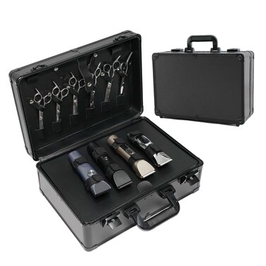 Barber Case Professional Aluminum Hard Hair Kit Tool Box with Hard shell Anti-theft Lock and Indpendent Storage to Hold Scissors Clippers and Supplies for Beauty Salon Hairstylists, Black