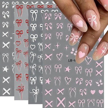 Bow Nail Stickers, Heart Bows Nail Decals White Red Pink Cute Bow Nail Design Stickers Bow Nail Art Supplies Valentine's Day Nail Stickers DIY Manicure Decorations for Women Girls(4Sheets)