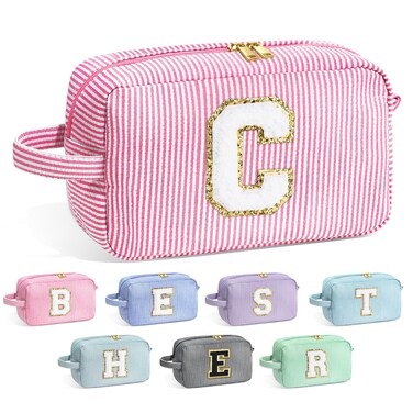 YOOLIFE Makeup Bag for Women - Monogram Cute Initial Pink Makeup Bags Cosmetic Toiletry Pouch Make Up Case for Women Her Best Friend Friendship Sister Teacher, Personalized Birthday Gifts for Women C