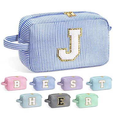 YOOLIFE Initial Makeup Bag for Women - Monogram Cute Blue Makeup Bags Cosmetic Toiletry Pouch Make Up Case for Women Her Best Friend Friendship Sister Teacher, Personalized Birthday Gifts for Women J