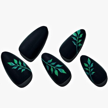 GLAMERMAID Fall Black Press on Nails Medium Almond, Green Leaves Fake Nails Short Almond Oval, Dull Dark on Nails Acrylic Stiletto False Nails Kits for Women, Leaf Matte Full Cover Stick Glue on Nails