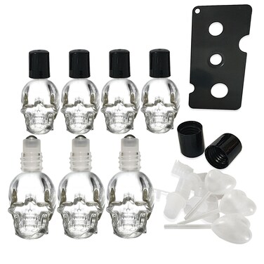 7 pcs Set 10ml Mini Skull Glass Oil Roller Bottles Leakproof Essential Oils Bottle for Storage and Travel (transparent)