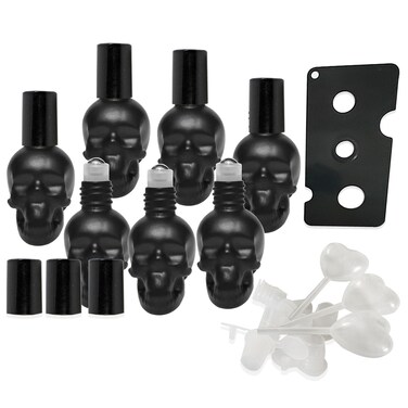 7 pcs Set 10ml Mini Skull Glass Oil Roller Bottles Leakproof Essential Oils Bottle for Storage and Travel (black)