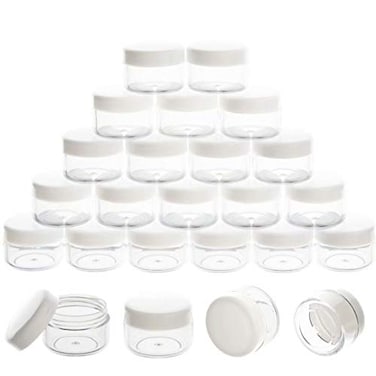 ZEJIA 5 Gram Sample Containers with Lids, Mini Makeup Containers, Empty Plastic Travel Cosmetic Containers with Labels(50 Count, White Lid)