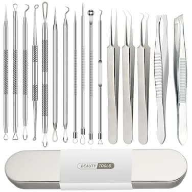 Pimple Popper Tool Kit, Blackhead Remover Tools, 16 PCS Professional Stainless Tweezers Acne Comedone Extractor Pimple Needle Tool for Blemish Whitehead Ingrown Hair Cyst Removal Beauty Tools for Face