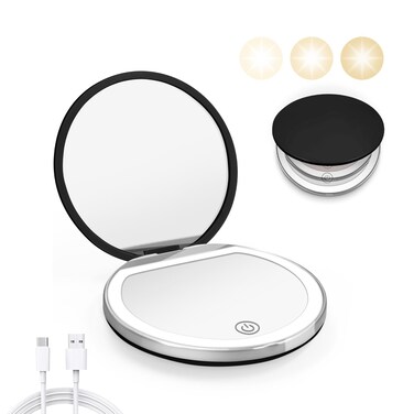 Compact Mirror with Light, 1X/3X Magnification LED Pocket Mirror with USB Data Cable,Mini Mirror for Purse, Pocket,Travel and Present (Black)