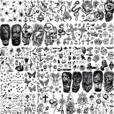 48 Sheets 3D Small Temporary Tattoos For Kids Women Neck Girls Arm Boys, Temp Tiny Halloween Tattoo Stickers Men Spider Cross Scorpion Snake Tiger Lion, Flower Ghost Skull Fake Tatoos Acnhor