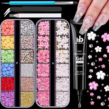 3D Flowers Manicure Gems Nail Rhinestone Glue Gel,Colorful Acrylic Flower Nail Charms Caviar Beads,Rhinestones Nails and Gem Glue Nails (UV/LED Needed) Pickup &amp; Dotting Tools