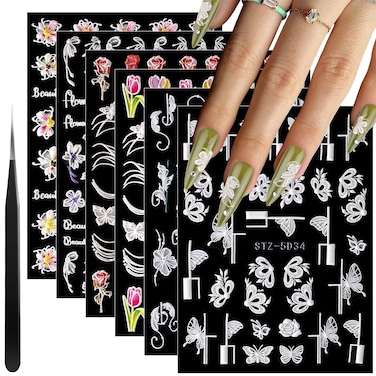 6 Sheets 5D Flower Nail Stickers for Nail Art, 3D Embossed Engraved Floral Butterfly Pegatinas U&ntilde;as Nail Accessories Self Adhesive Lace Roses Nail Decals Supplies for Women French Tips Nail Design