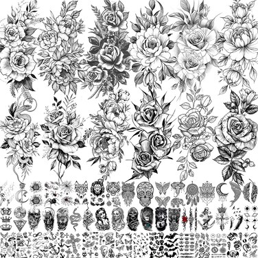 63 Sheets Realistic Black Rose Peony Flower Temporary Tattoos for Women Adults Body Art Arm, Snake Fake Floral Sketch Sleeve Tattoo Sticker