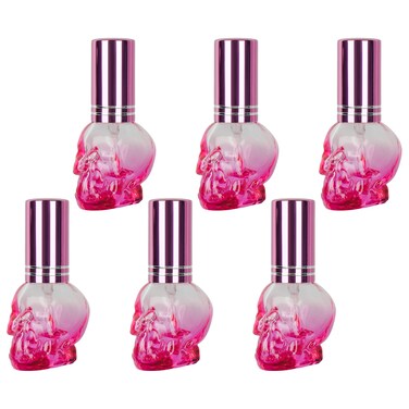 8ml Pink Skull Spray Bottle, Glass Skull Spray Perfume Bottle, Empty Spray Bottle Skull Shaped Refillable Perfume Atomizer Vials for Halloween Travel Party Makeup (6Pack)